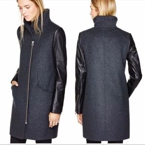 ARIZIA WILFRED WOOL & CASHMERE LAMB LEATHER SLEEVE COCOON COAT GRAY / BLACK XS